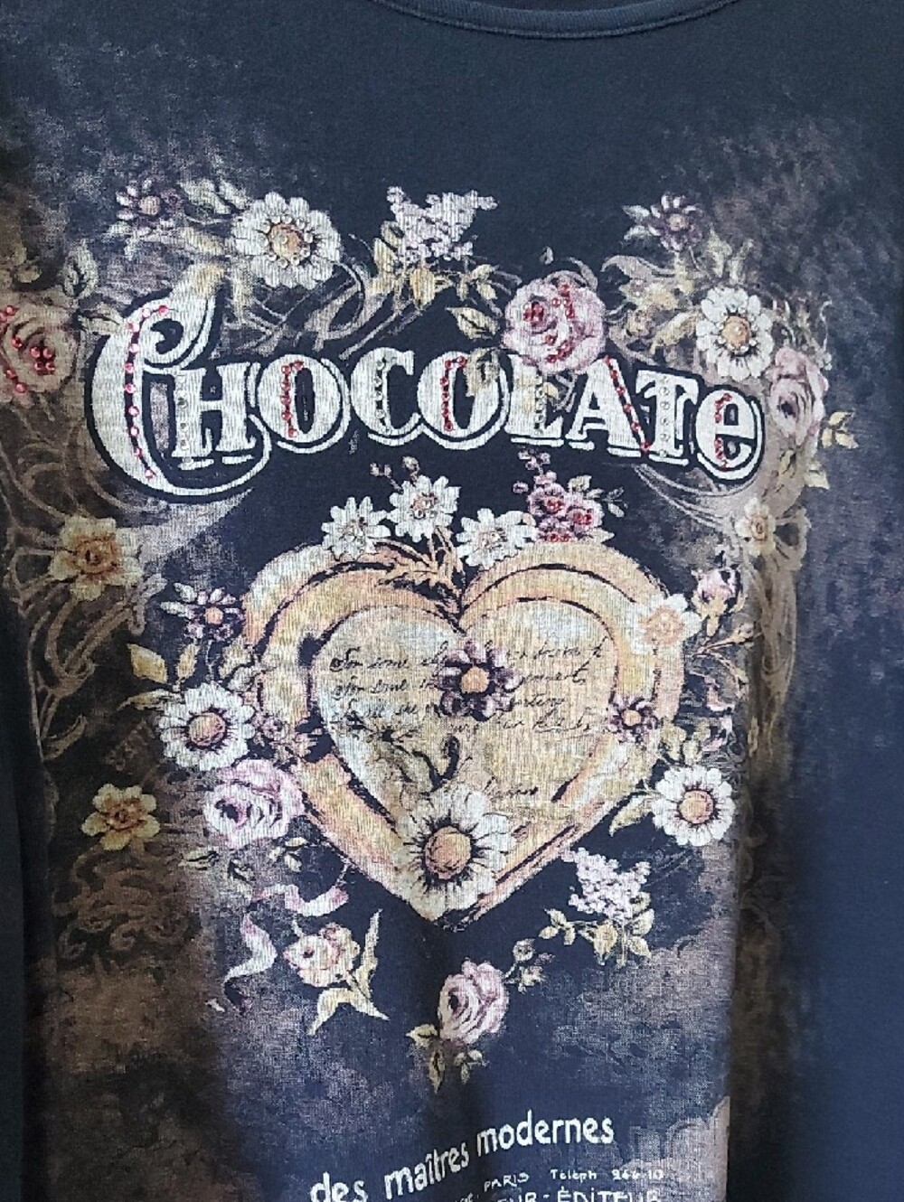 Y2K Whimsy Goth Boho Cotton Rhinestones Floral Chocolate Graphic Long Sleeve Tee - Picture 4 of 10